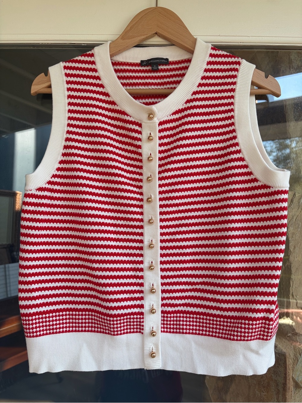 Adrianna Papell Red & White Striped Sweater Vest Gold Button Front Size Medium